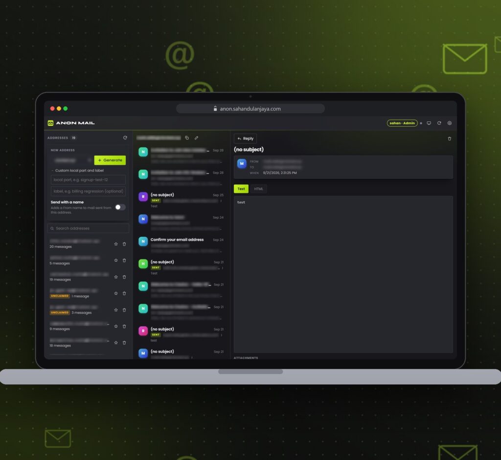 Anon Mail admin inbox on a laptop